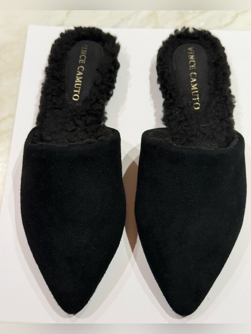 New In Box Vince Camuto Vintenda Black Suede & Shearling Mules (5.5)